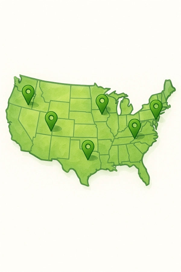 Map illustration of Notarias Publicas Legal Services locations across the United States