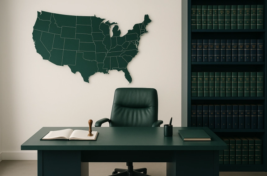 Legal notary office with law books and US map